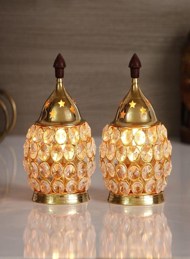 MISAA URNS Golden Brass and Crystal Akhand Diya for Puja - , Navratri - Brass Diya for Pooja Room, Home Temple Decor - Diwali Decoration Item for Home Decor Set of (2) - Image 2